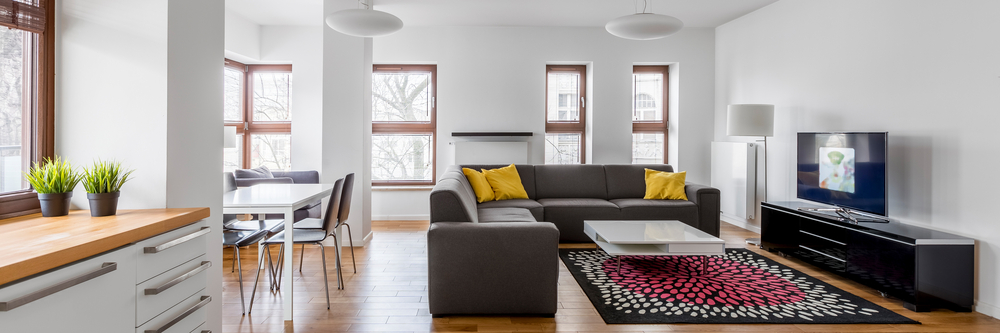 Panoramic,View,From,Kitchenette,To,Open,Living,Room,In,Modern